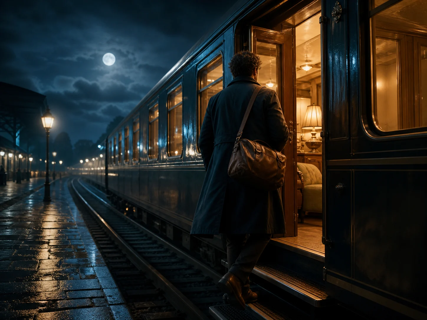 A traveler boarding a moonlit train, representing a continuous AI video scene