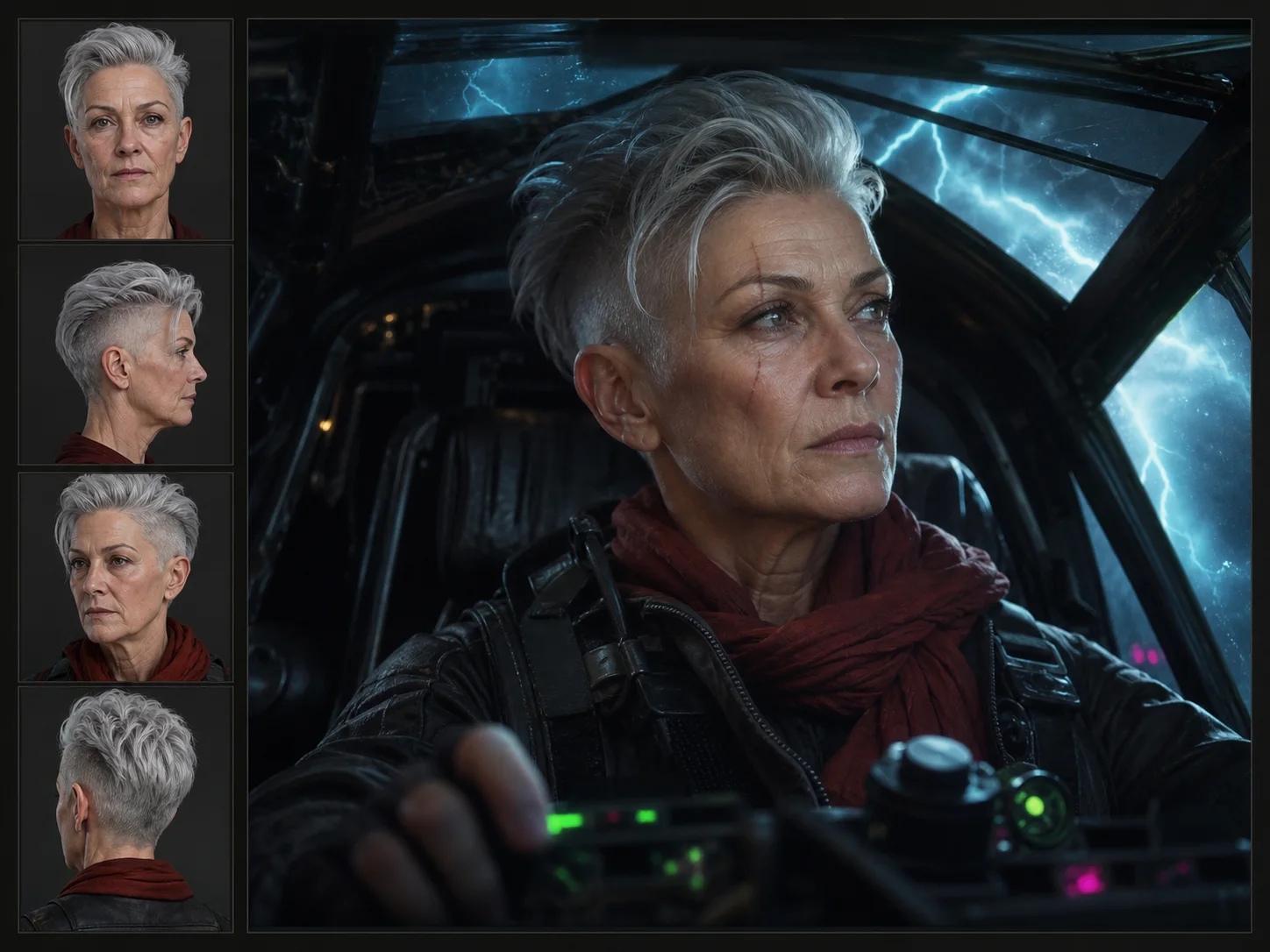 Fictional pilot identity reference carried into a storm-lit cinematic cockpit keyframe