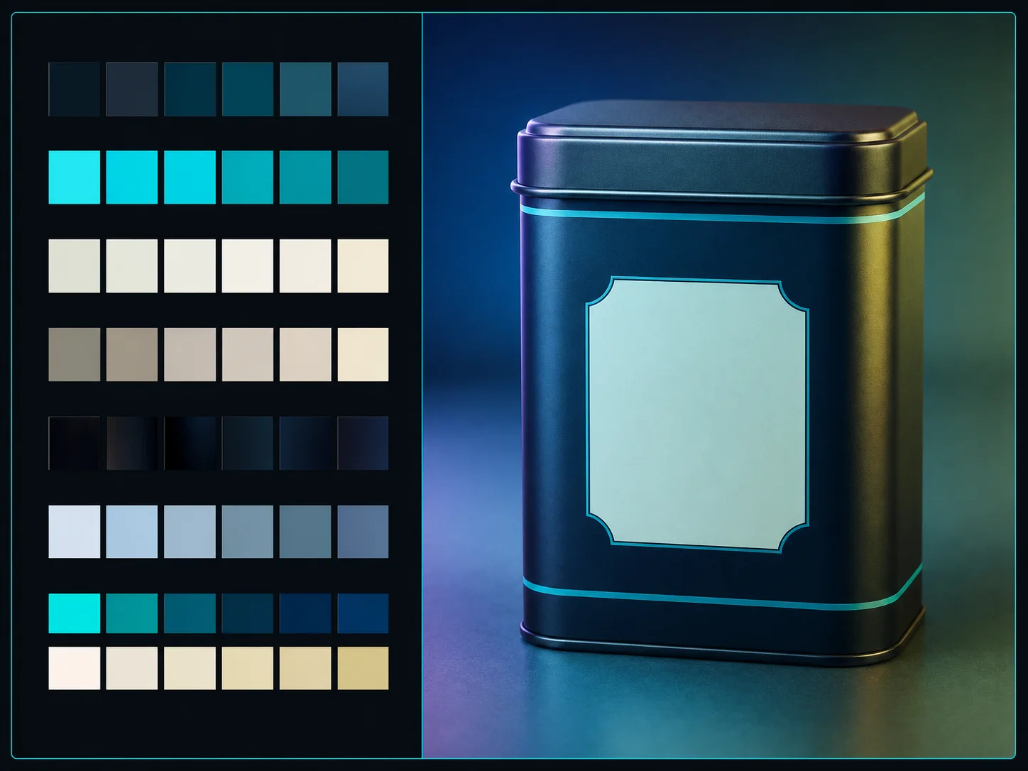 Tea tin brief with ambiguous color roles, mismatched swatches, gradients, and colored lighting