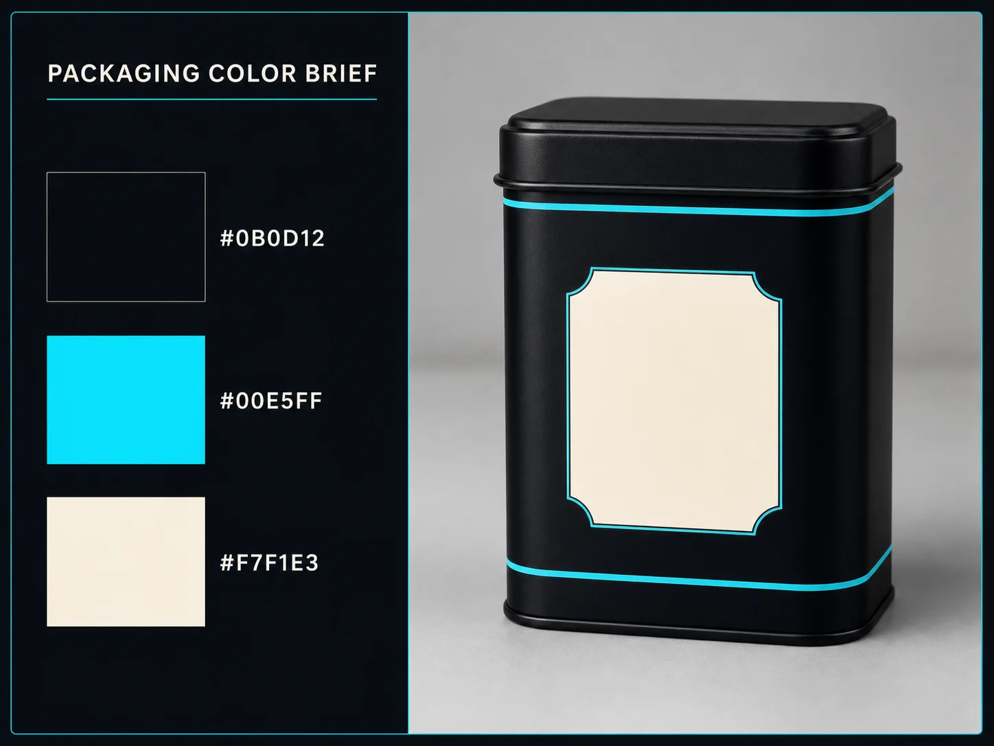 Tea tin color brief assigning three exact hex colors to background, lines, and label roles