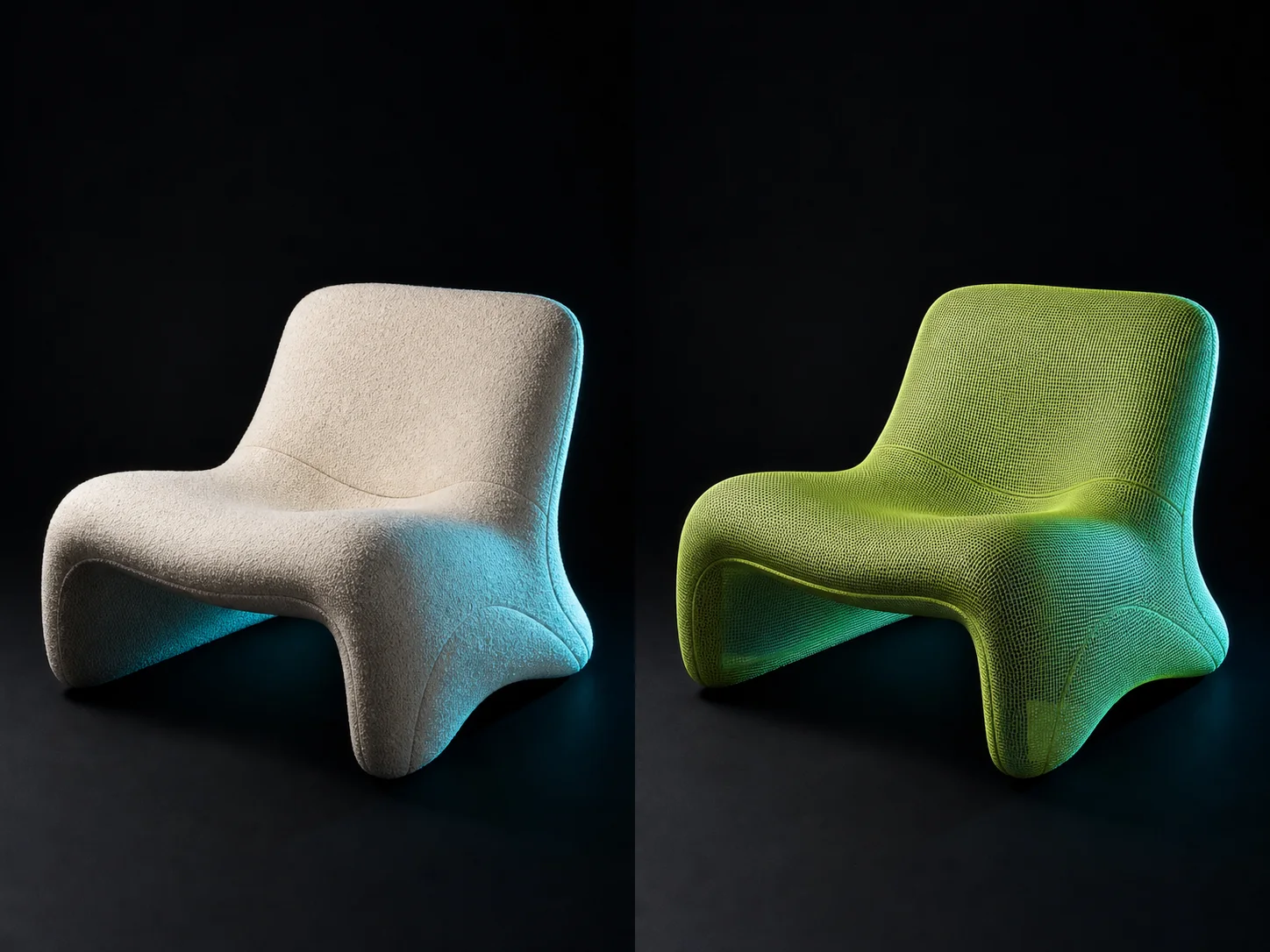 Matched lounge chair edit changing only upholstery material while preserving geometry and lighting