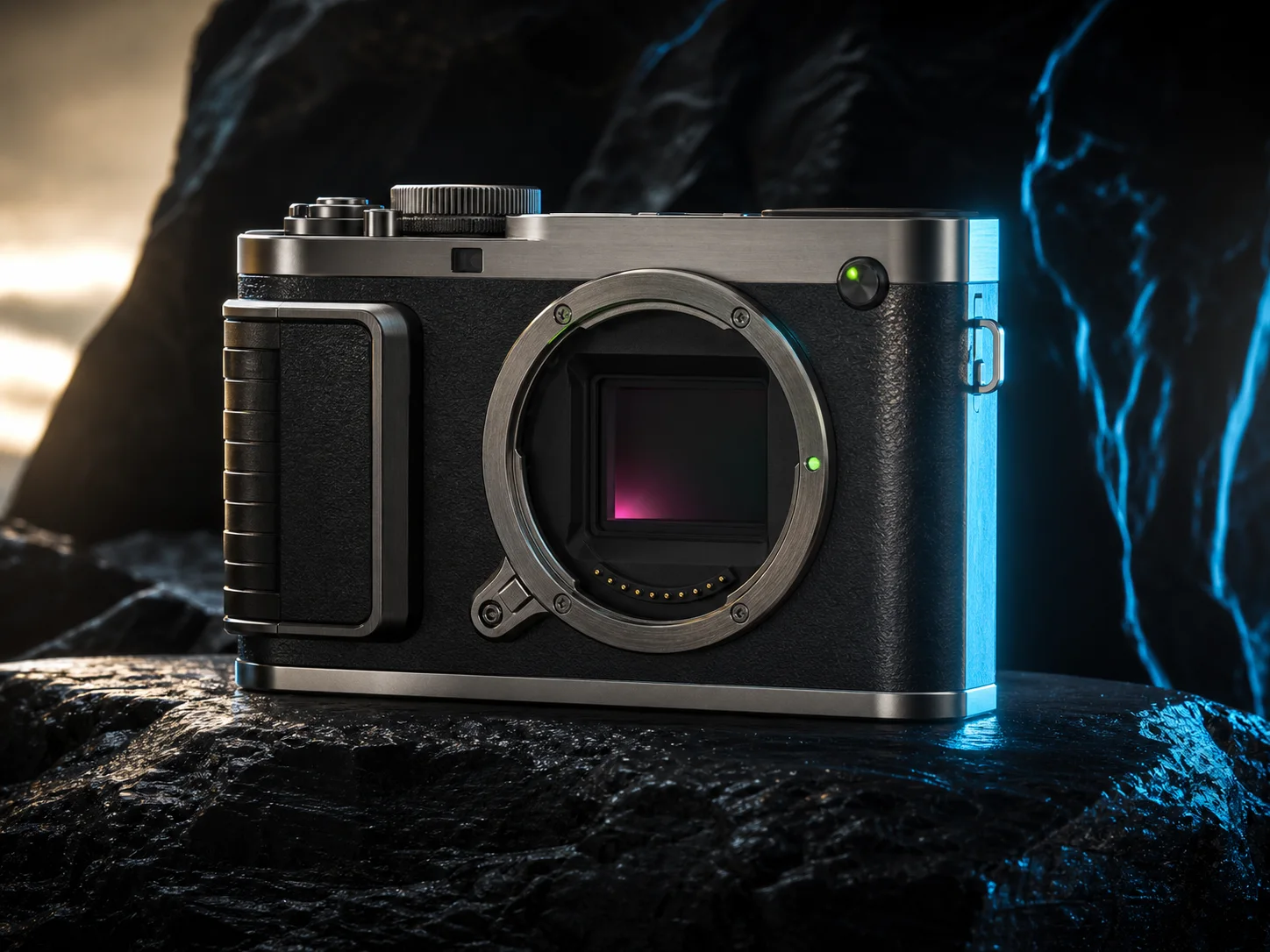 Detailed fictional camera product scene with realistic metal, leather, glass, reflections, and coherent lighting