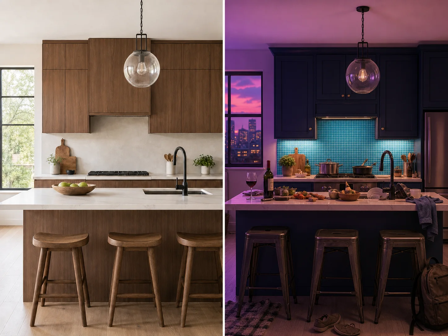 Kitchen edit where backsplash, cabinets, objects, camera, and lighting all drift together
