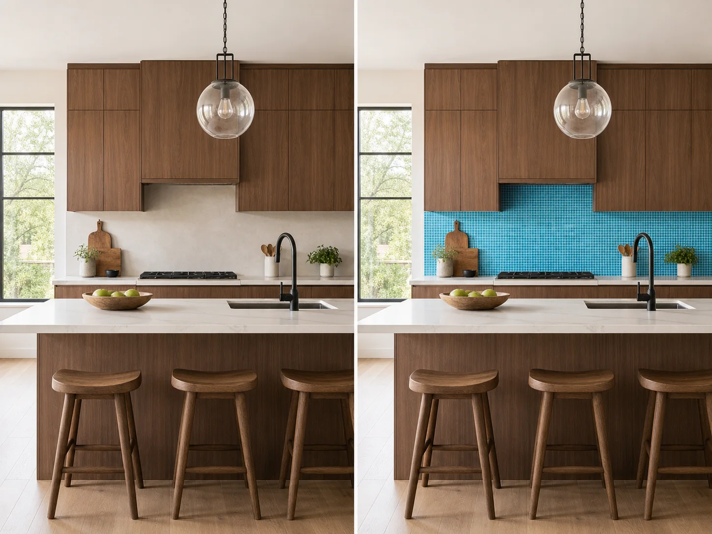 Matched kitchen edit changing only the backsplash while preserving camera, furniture, objects, and daylight