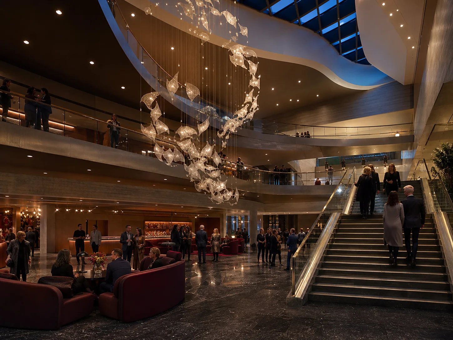 Finished multilevel theater lobby with coherent stairs, balconies, visitors, lighting, and reflections