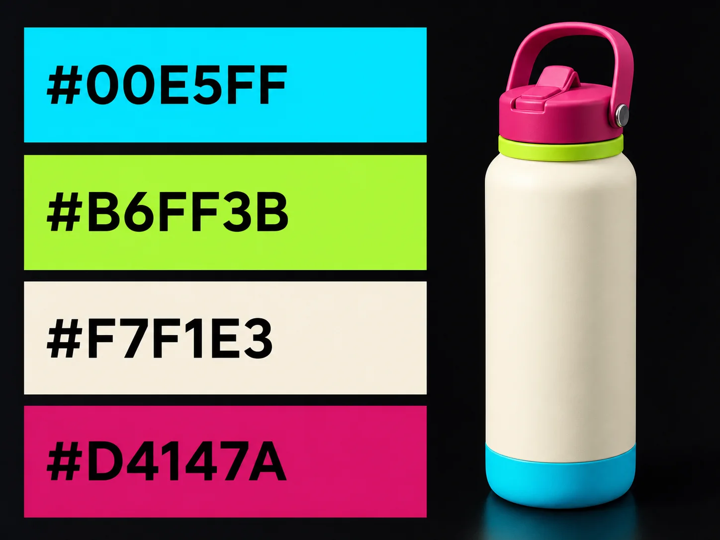 Fictional bottle color board with four exact hex codes carried into the final product design
