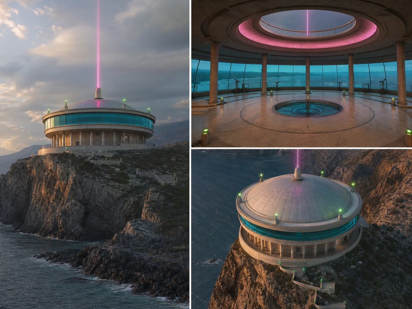 Three consistent viewpoints of the same fictional cliffside observatory and material system
