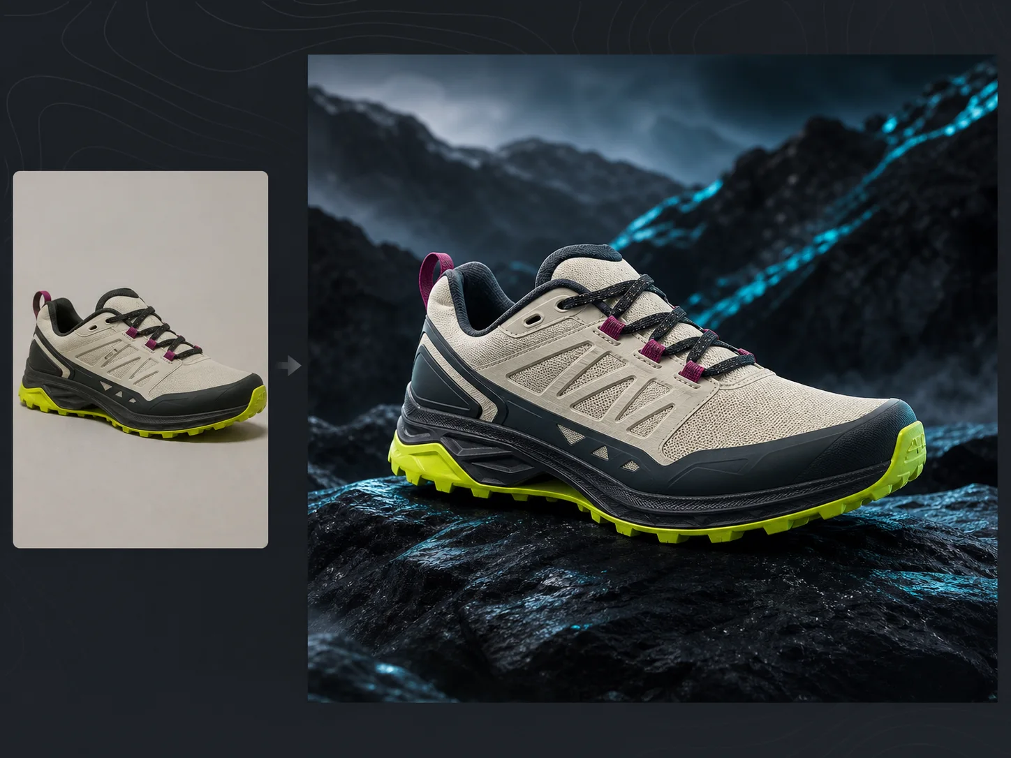 Fictional trail shoe preserved from a simple source photo into a polished product campaign