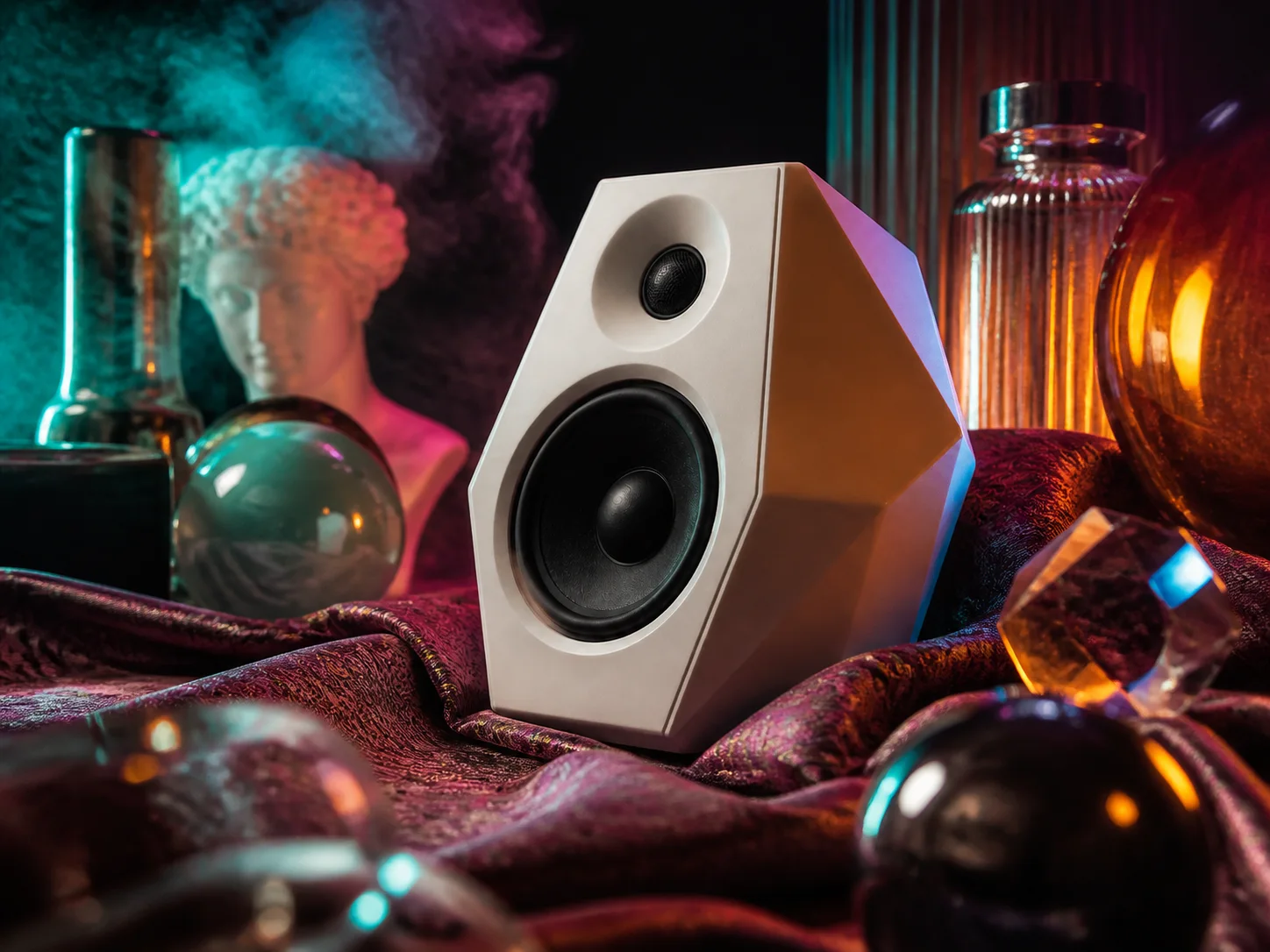 Same speaker obscured by competing props, perspectives, colors, and focal points