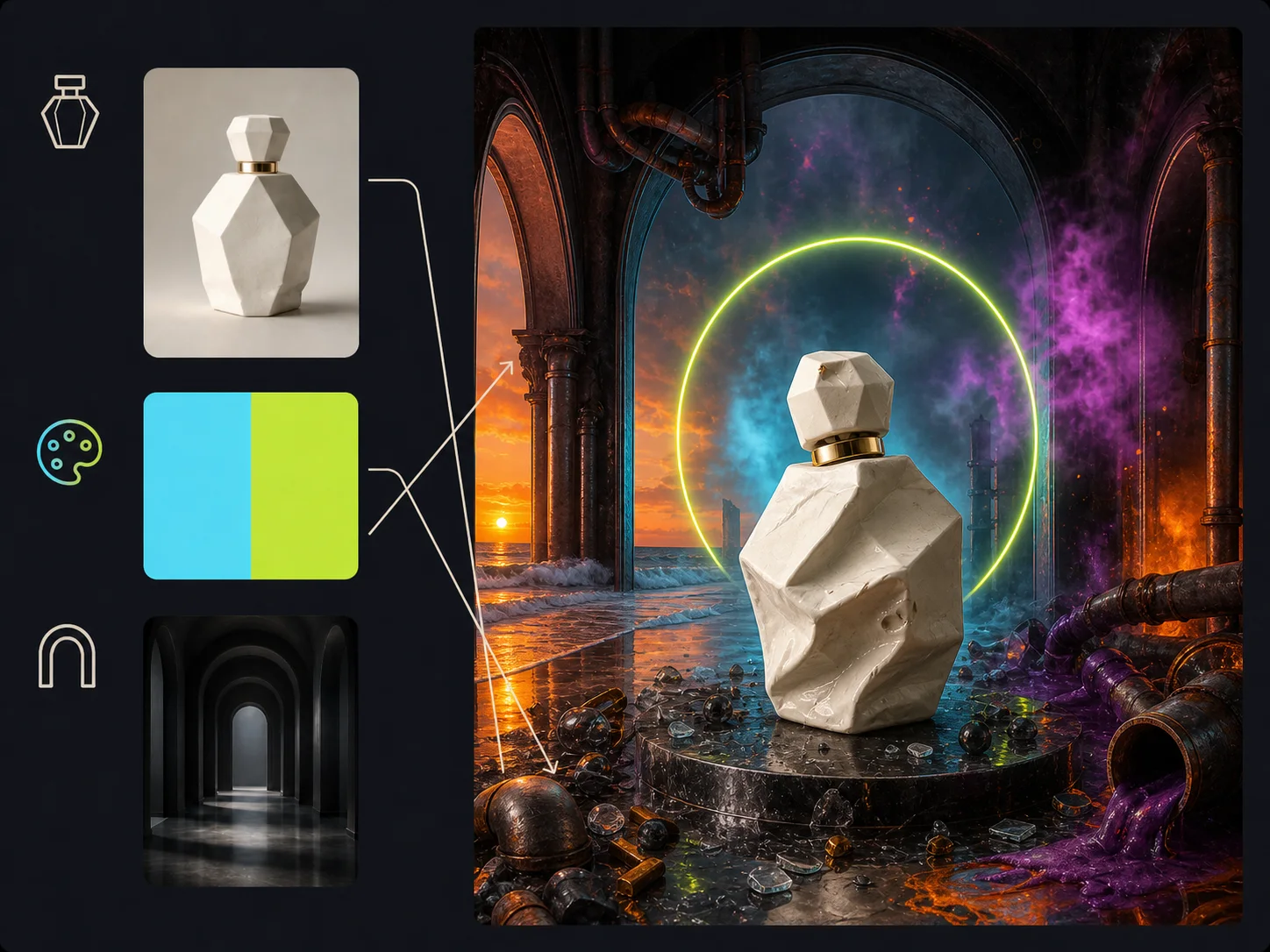 Reference board producing a conflicting campaign with deformed shape, wrong colors, and mixed environments