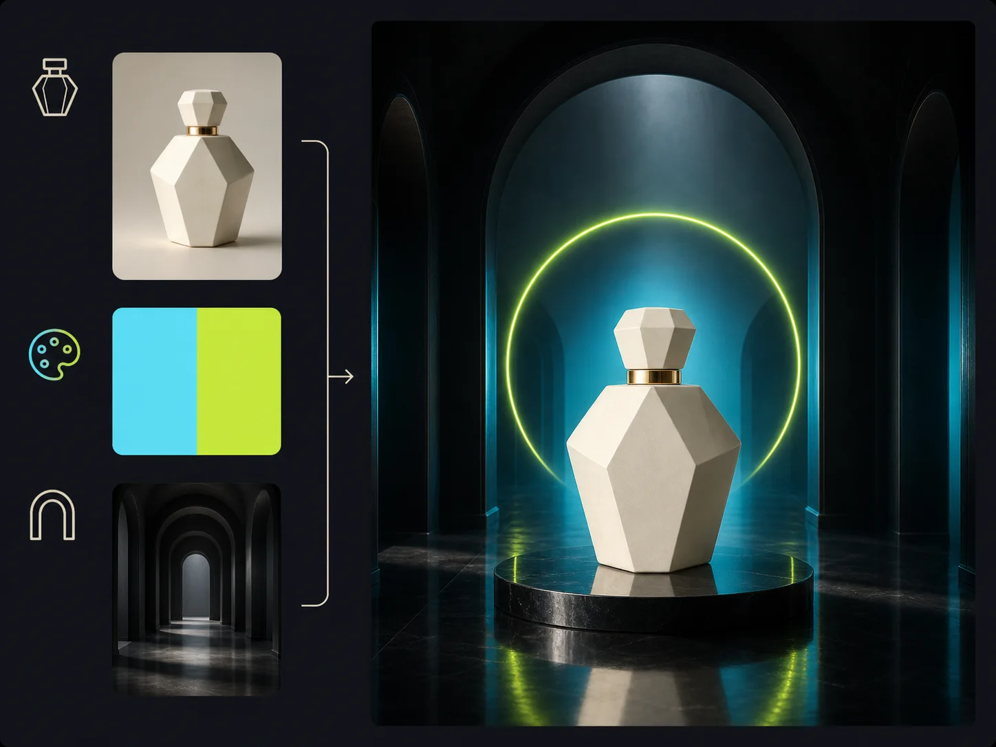 Three clearly separated reference roles resolved into one coherent perfume campaign