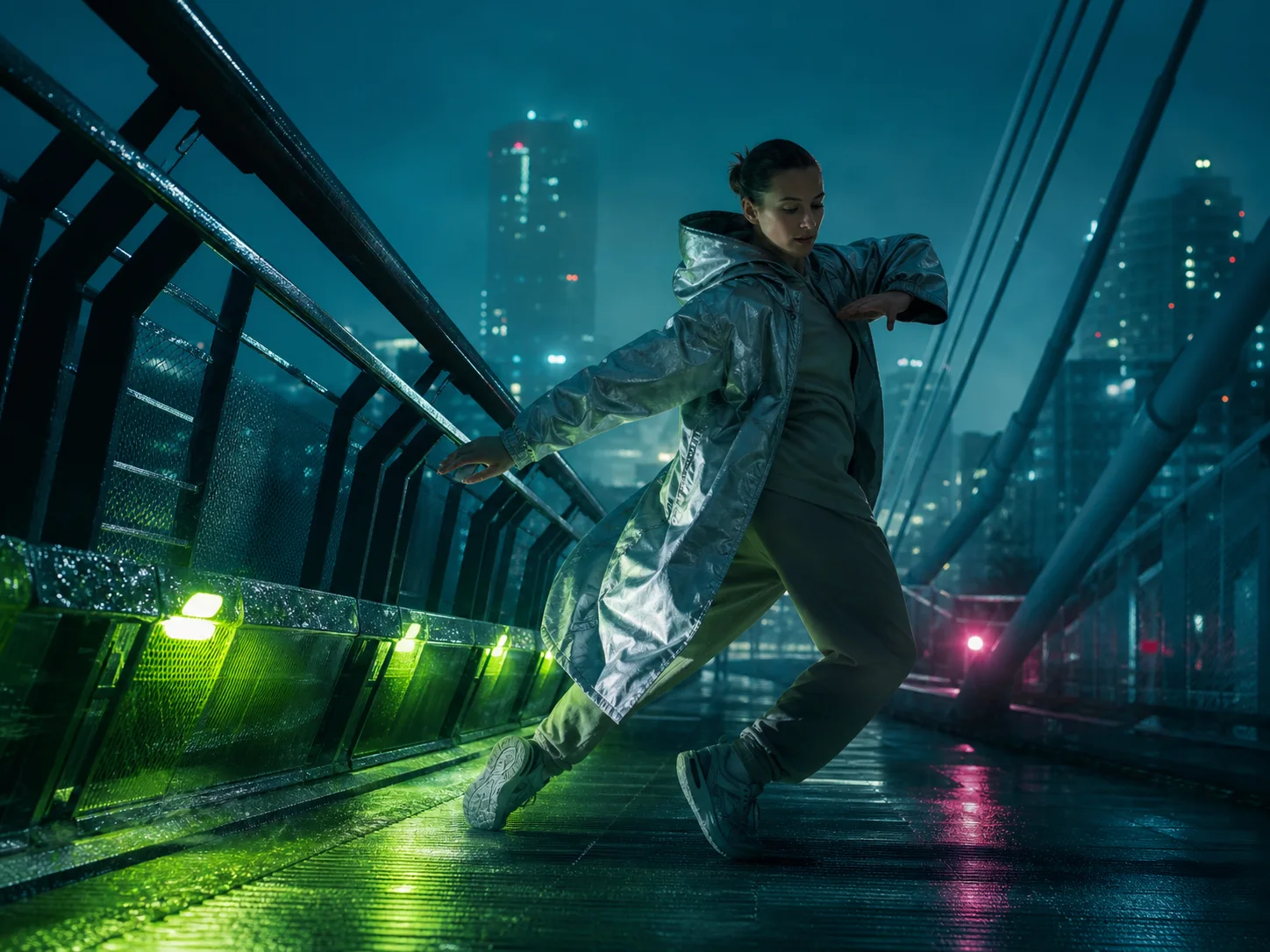 Cinematic dancer scene coordinating subject, camera, composition, palette, weather, and material direction