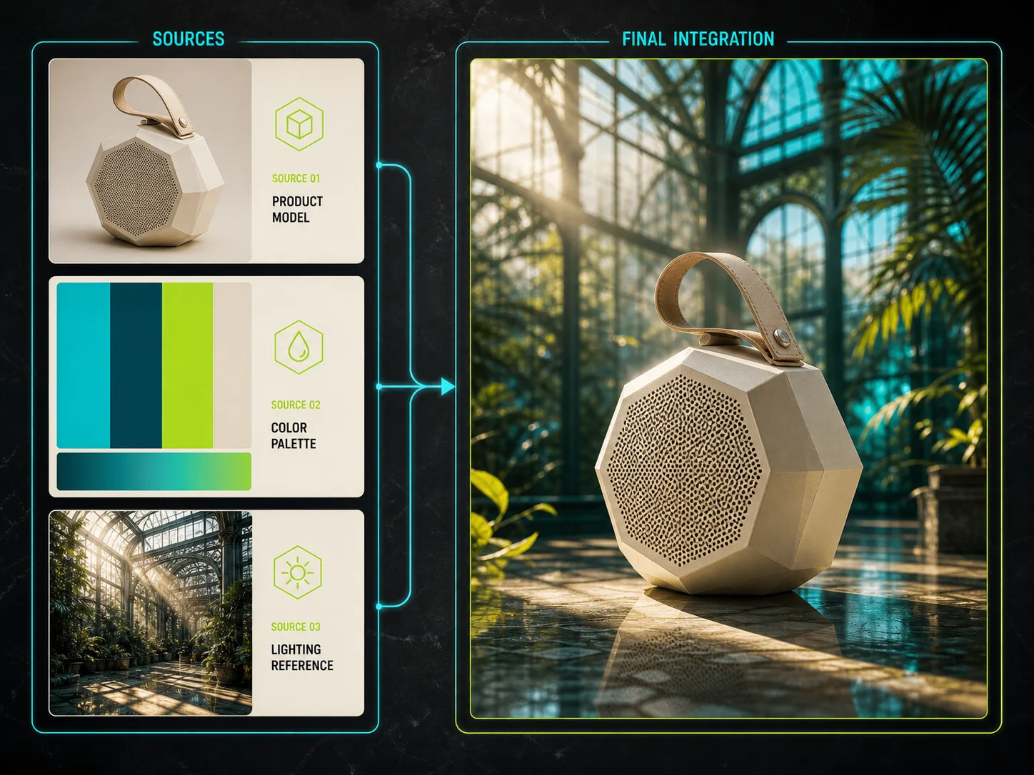 Flux 2 Max reference board combining a product, color palette, and lighting direction into one campaign image