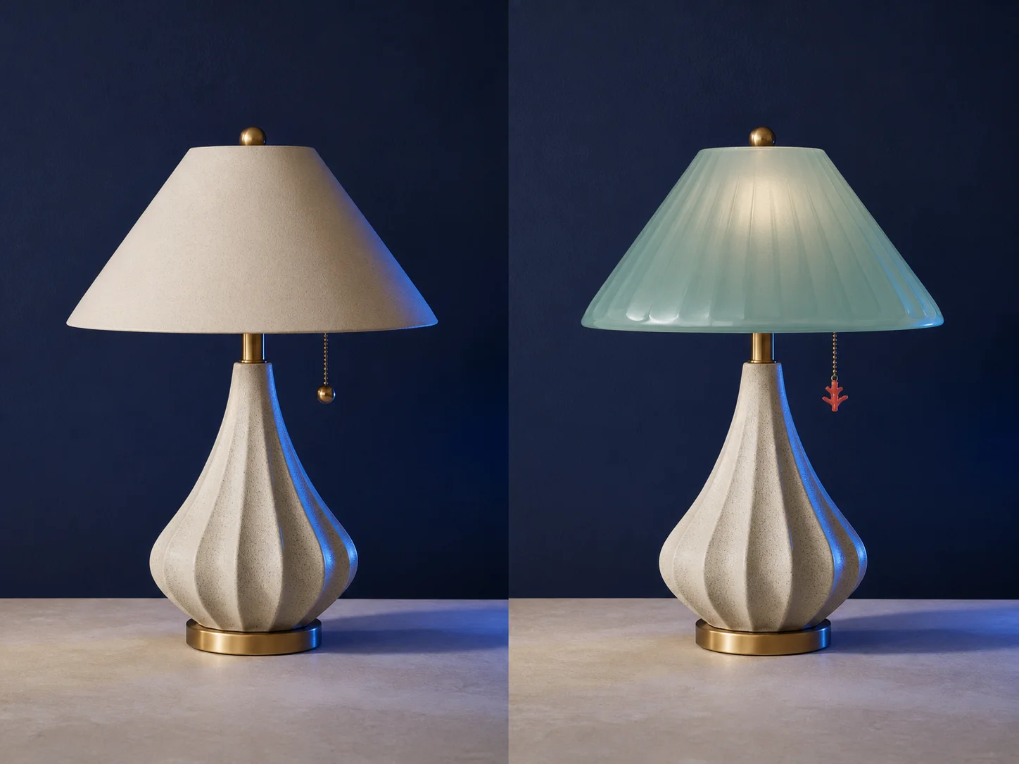 Table lamp edit changing only the shade material while preserving shape, camera, and shadows