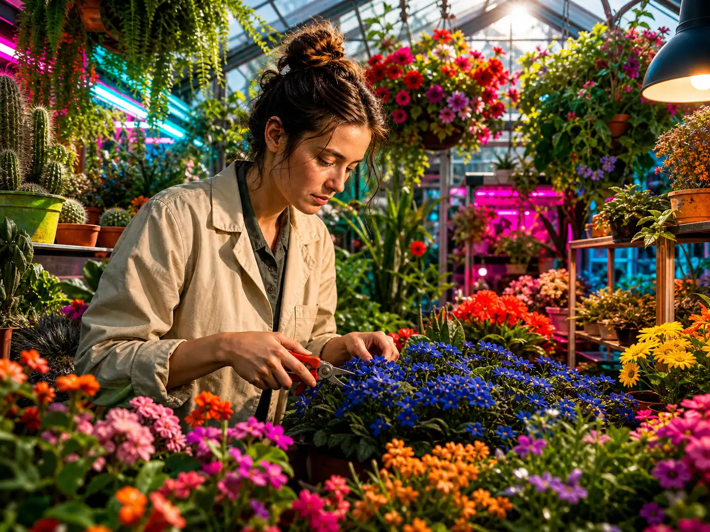 Same greenhouse portrait disrupted by competing subjects, cameras, palettes, and light sources