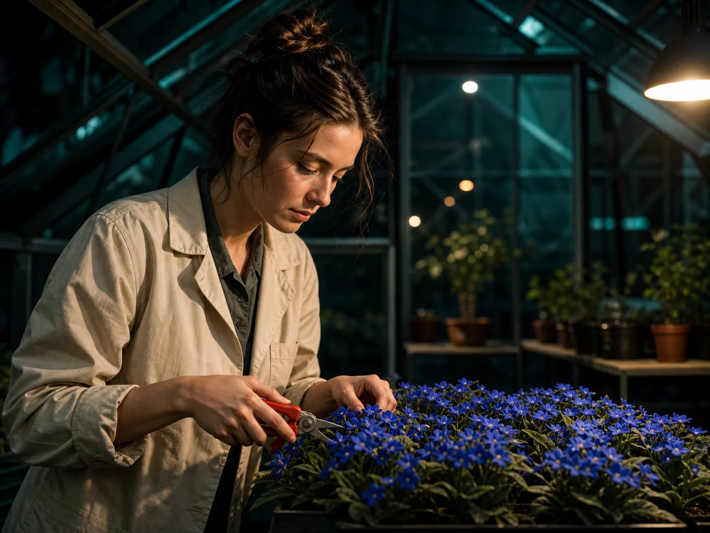 Focused greenhouse portrait with one subject, clear camera, controlled lighting, and a unified palette