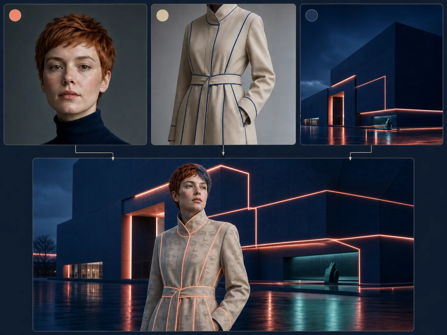 Same three references colliding into an inconsistent character, coat, and museum scene