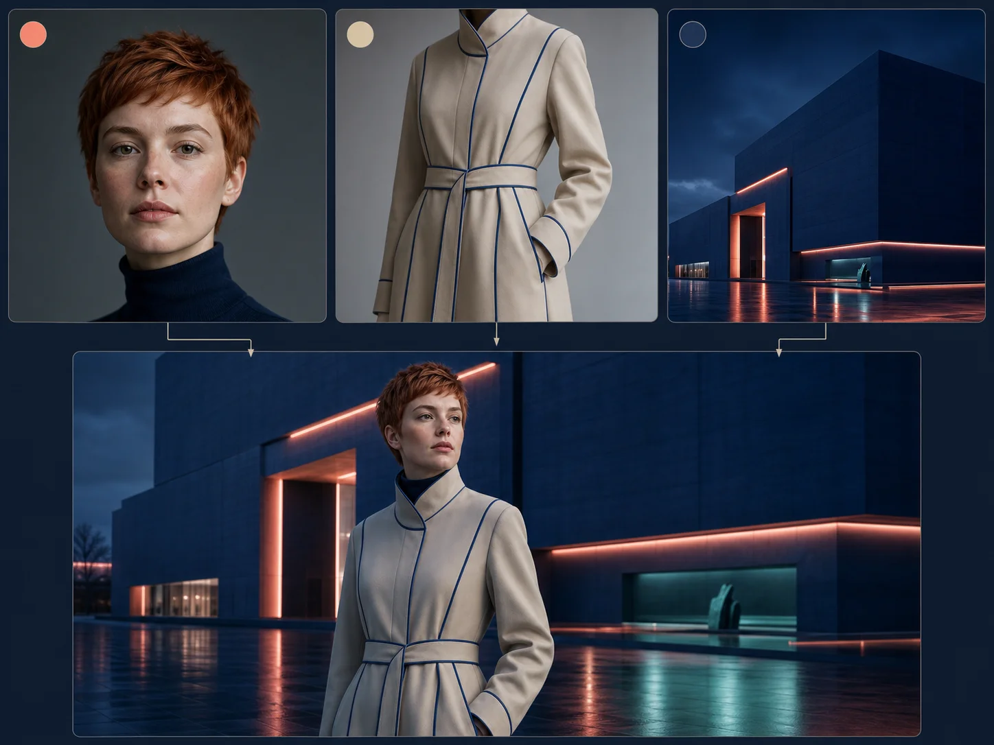 Three clearly assigned references for character identity, coat design, and museum environment