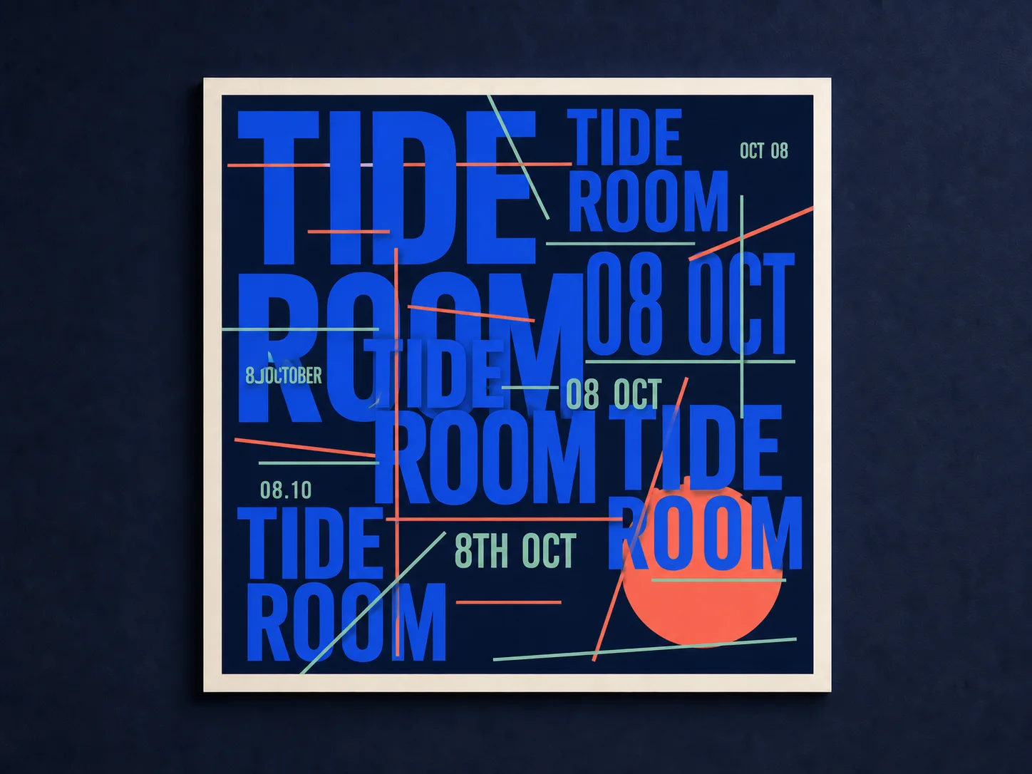 Same Tide Room poster crowded with duplicated copy and visibly broken hierarchy