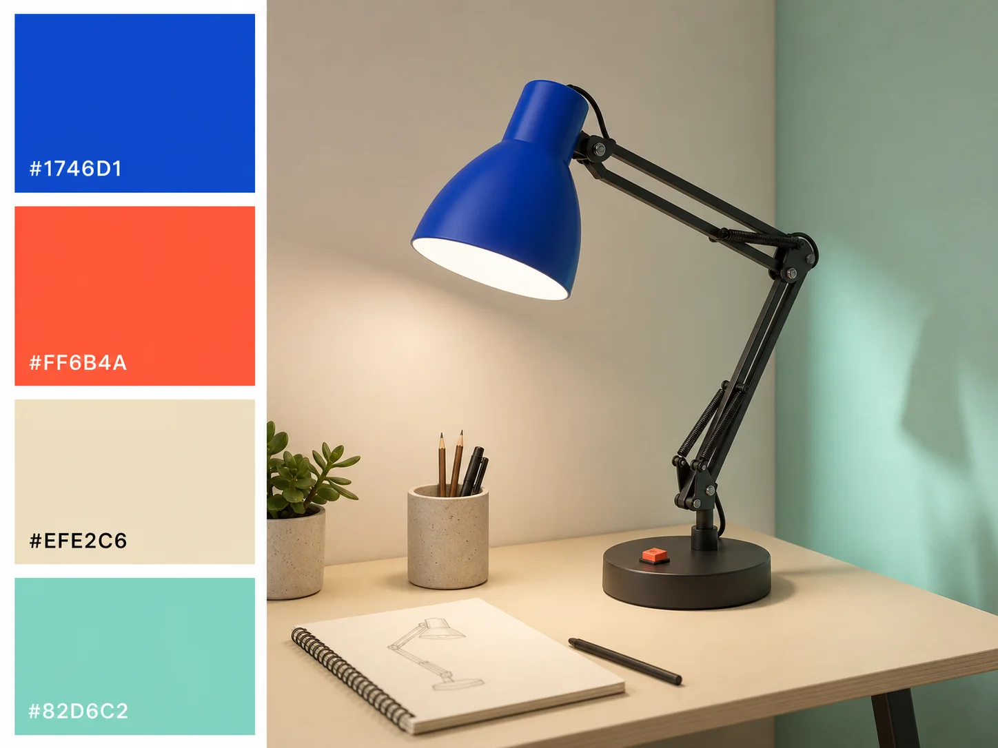 Fictional desk-lamp scene with four exact color codes and physically coherent light and perspective