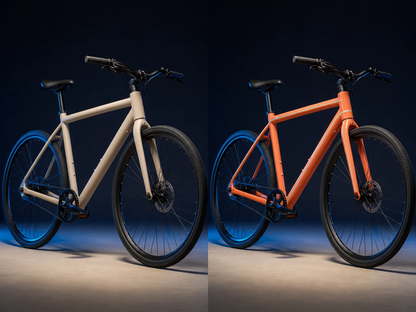 Matched bicycle product edit changing only the frame finish while preserving geometry, camera, and light