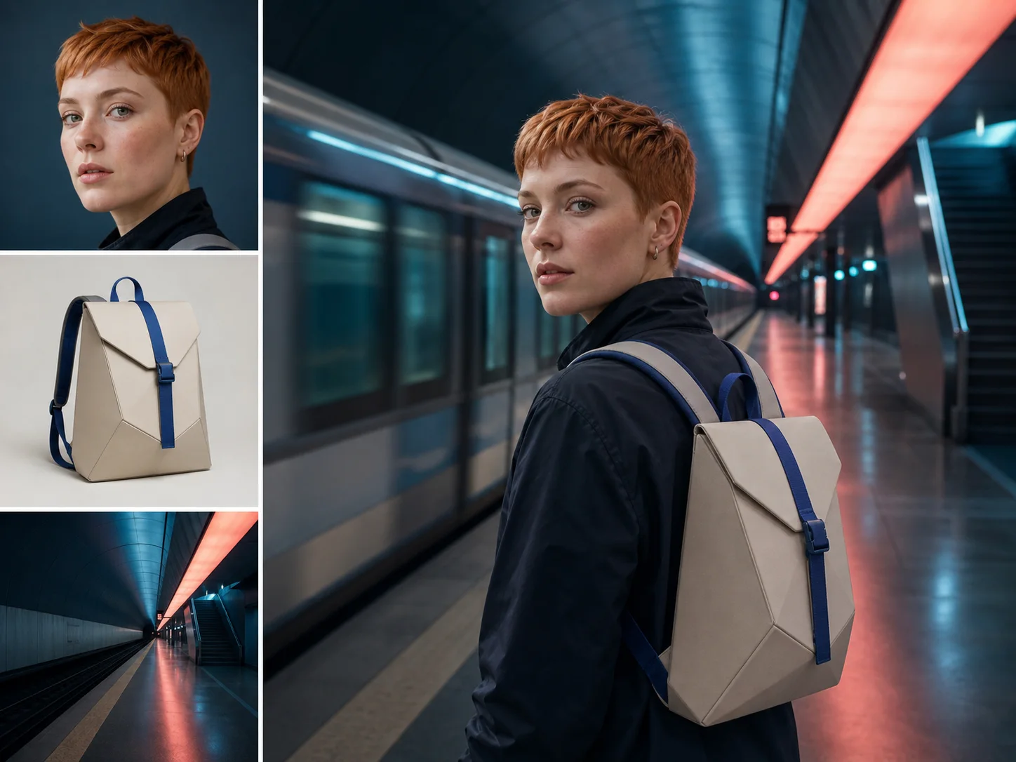 Character, backpack, and transit-station references combined into one consistent editorial campaign image