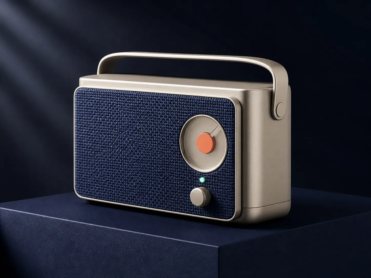 Fictional portable radio rendered with coherent glass, aluminum, textile, reflections, and studio lighting