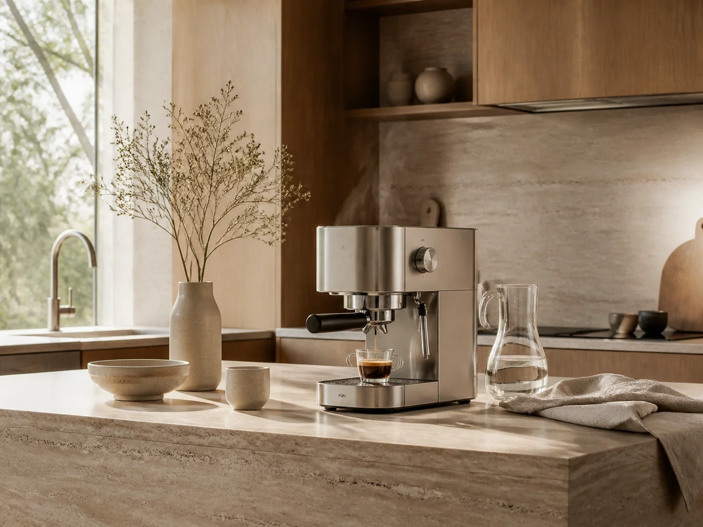 Finished espresso-machine campaign with coherent materials, steam, reflections, and morning light