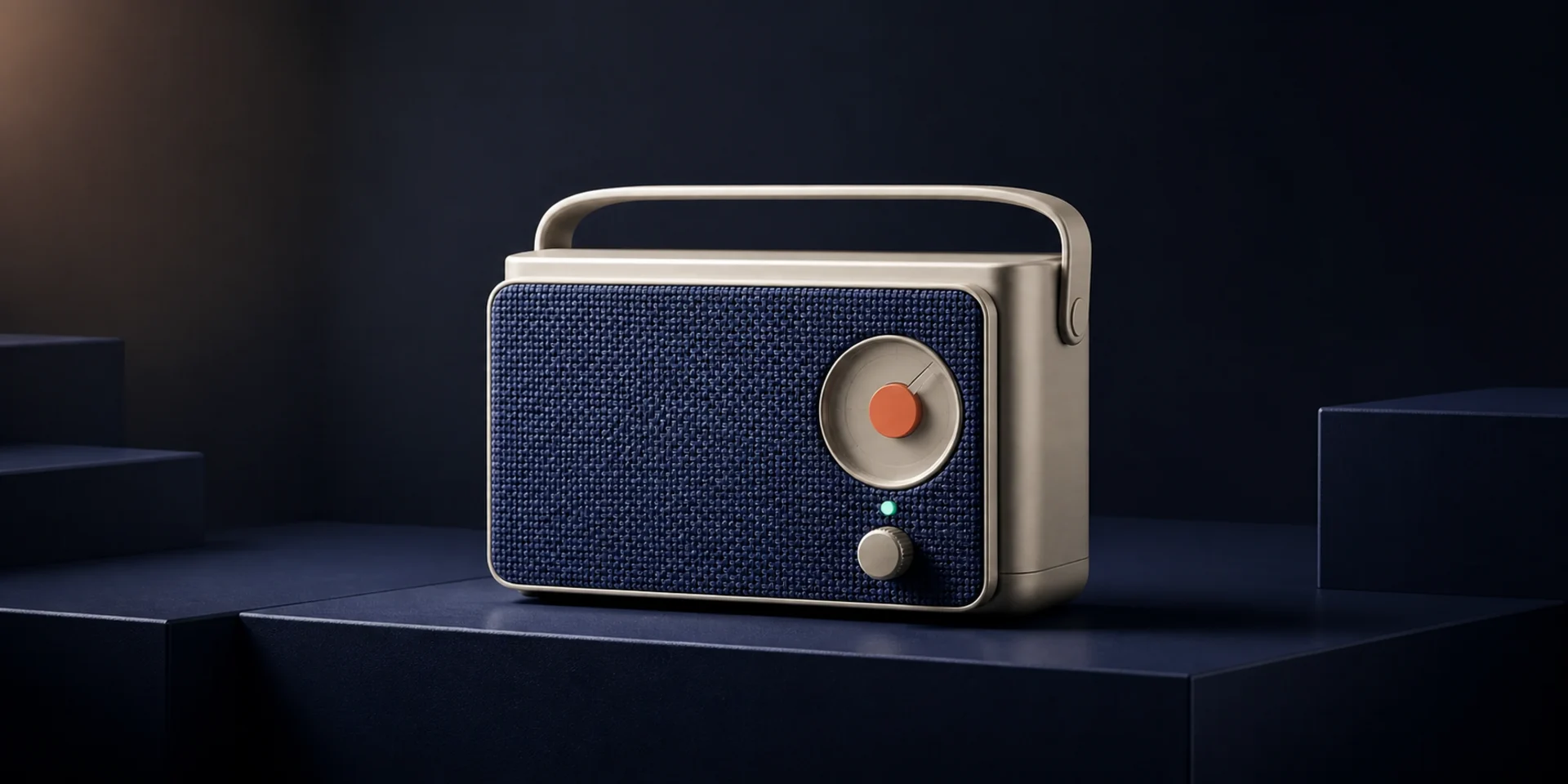 Cream and navy retro radio in a refined midnight-blue product studio