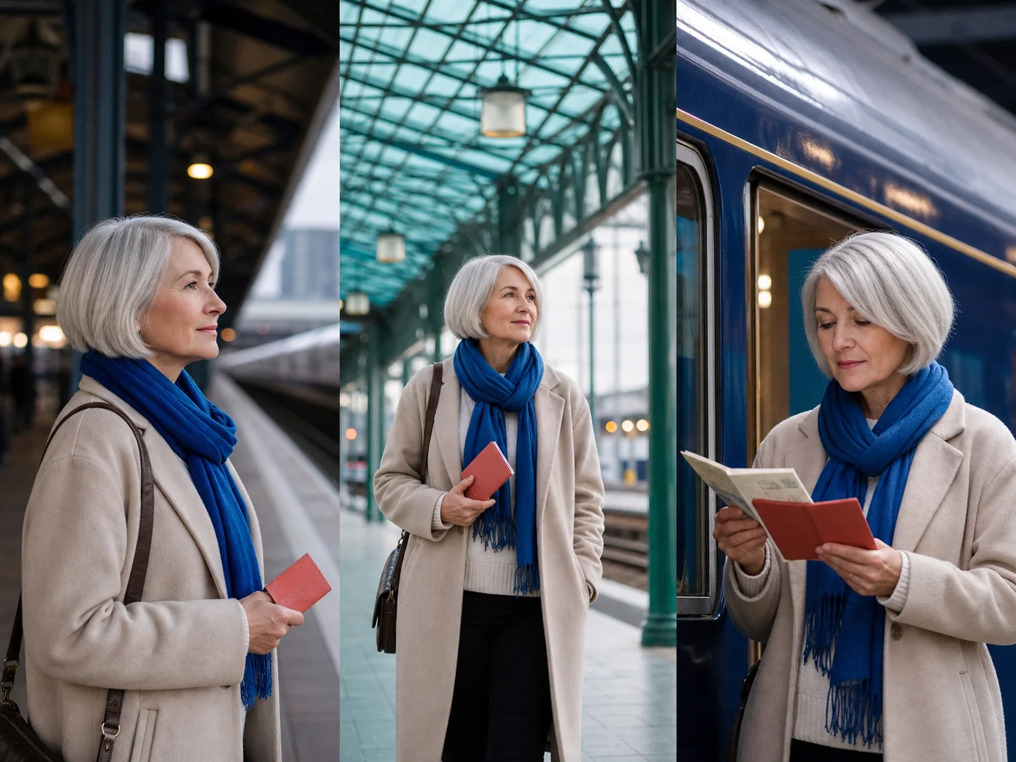 Same fictional silver-haired traveler preserved across three editorial train-station scenes