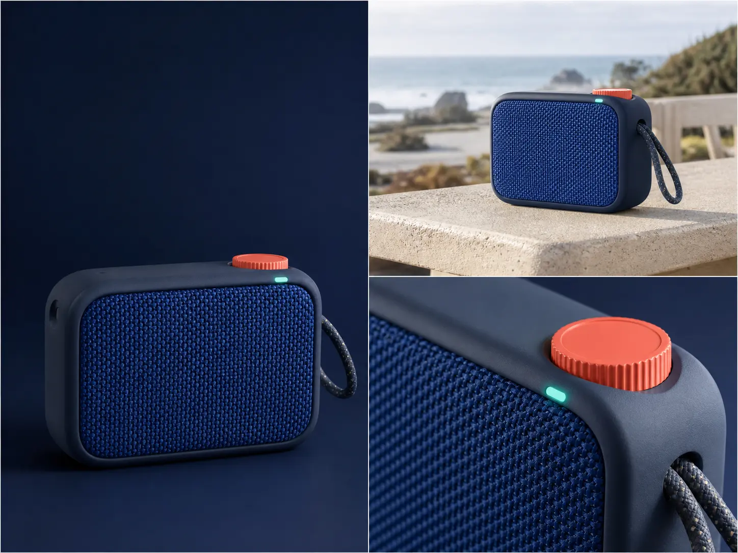 Consistent fictional travel speaker shown across studio, outdoor, and close-detail campaign frames