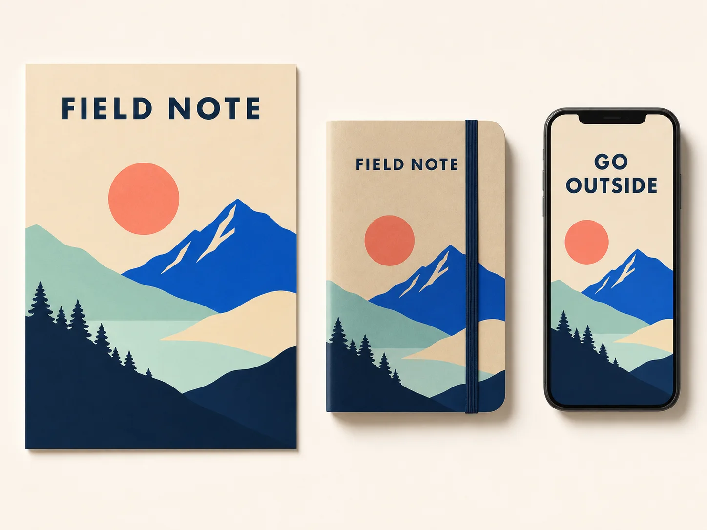 Coordinated fictional Field Note poster, package, and mobile campaign concept with short readable copy
