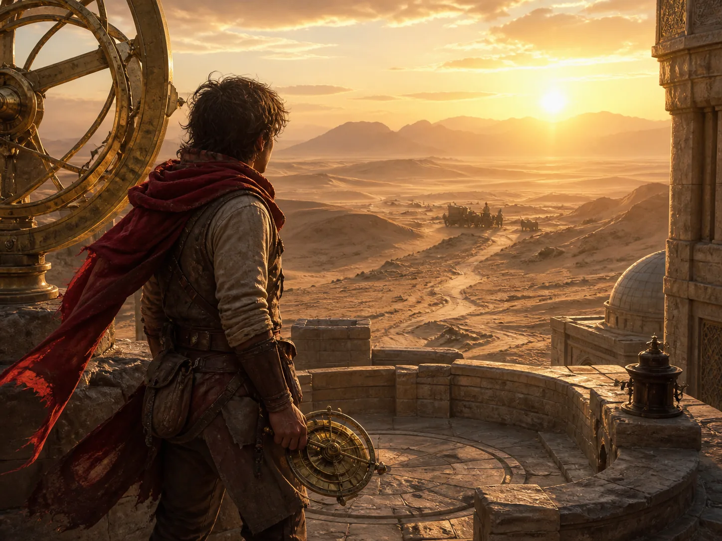 A desert traveler arriving at an ancient observatory as one cinematic story continues across connected locations