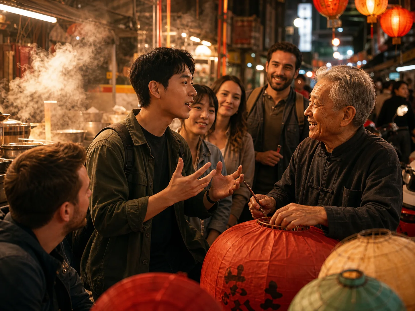 A young host interviewing an elderly lantern maker before an international audience at a busy night market