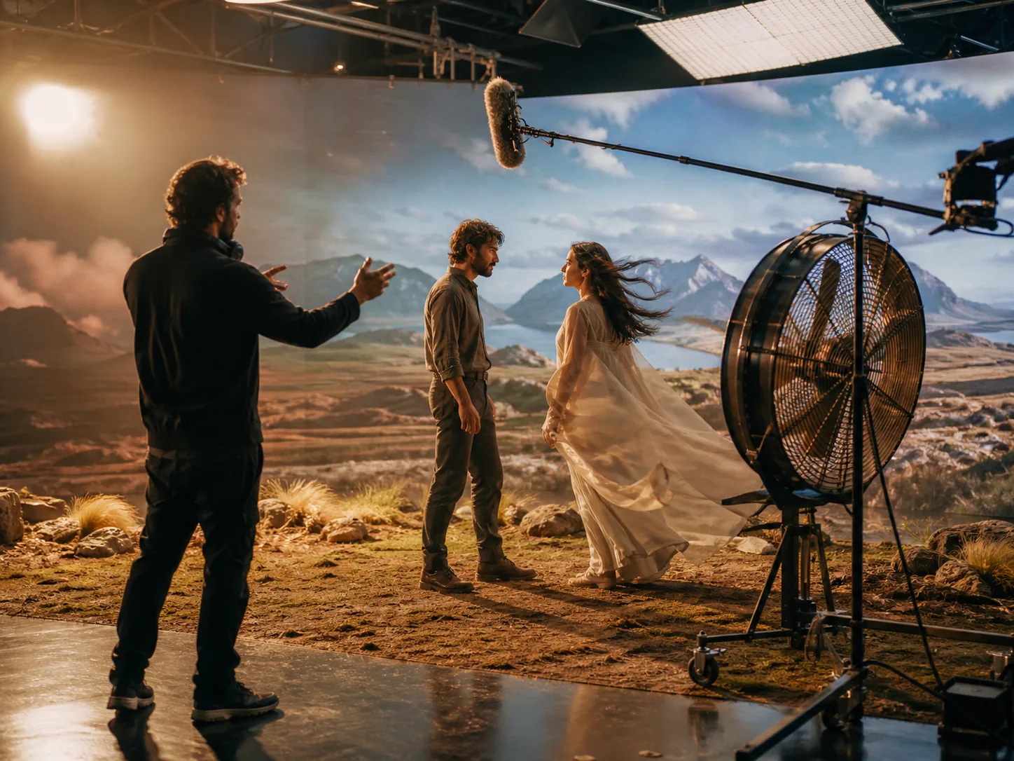 A filmmaker directing performers, moving scenery, practical sound, and projected imagery as one unified production