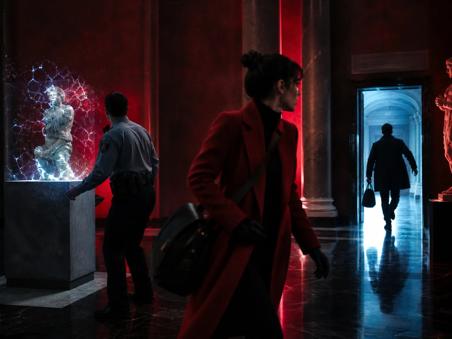 A layered museum-heist scene with a courier, security guard, sculpture, and escape route staged across several cinematic beats
