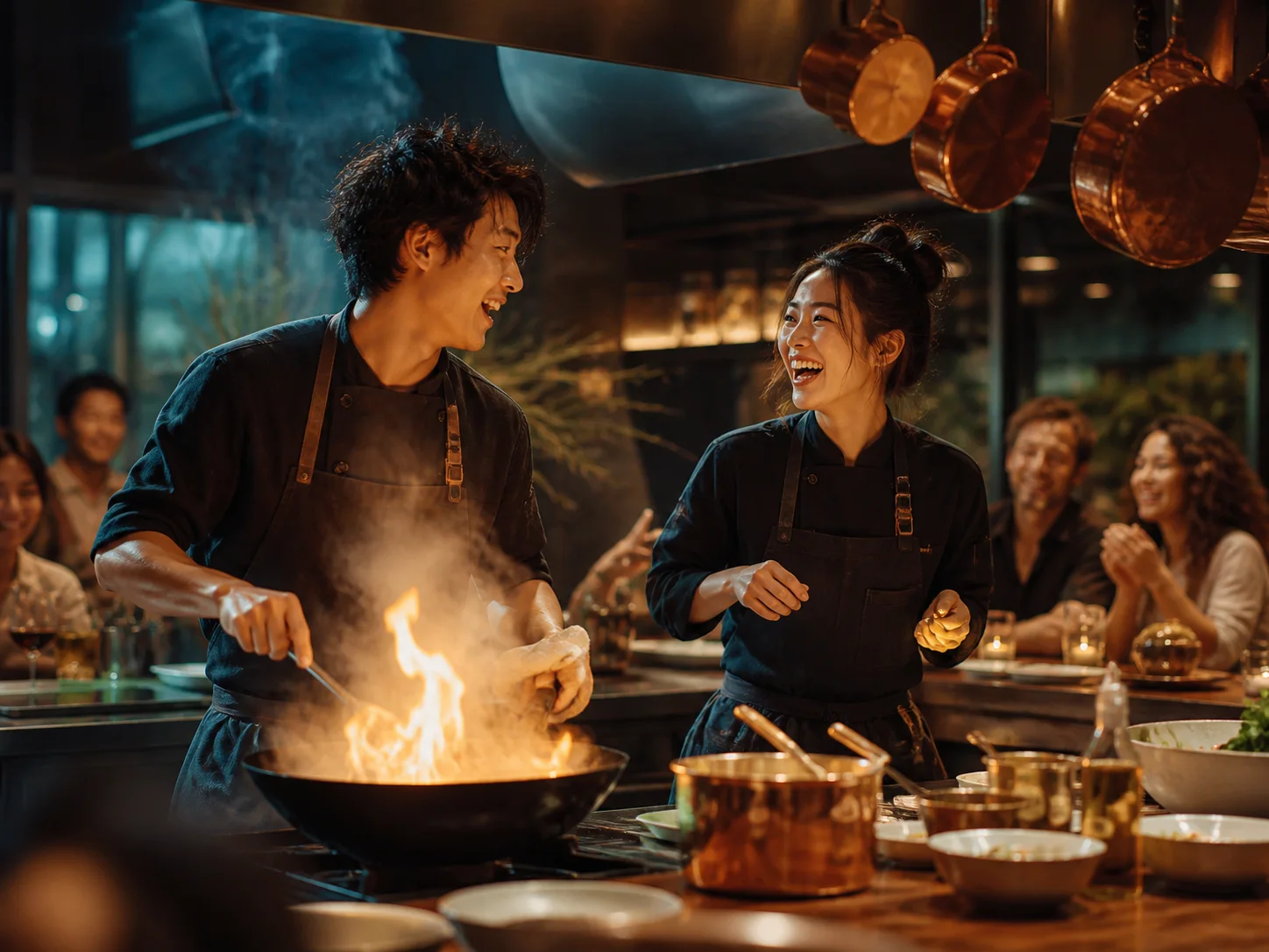 Two chefs sharing an expressive spoken moment as a wok flame and lively restaurant ambience fill the scene