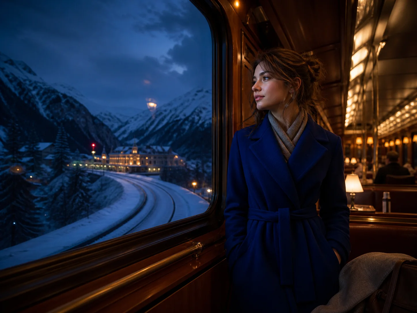 A traveler in a blue coat reaching the final beat of a cinematic night-train journey through snowy mountains