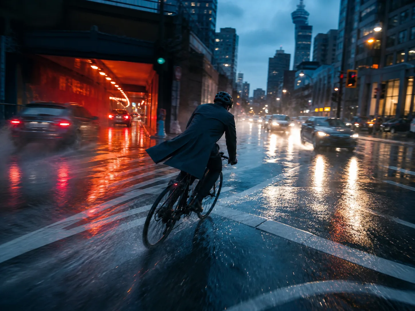 A cyclist continuing through a rain-soaked city intersection as the camera and surrounding traffic hold the scene's momentum