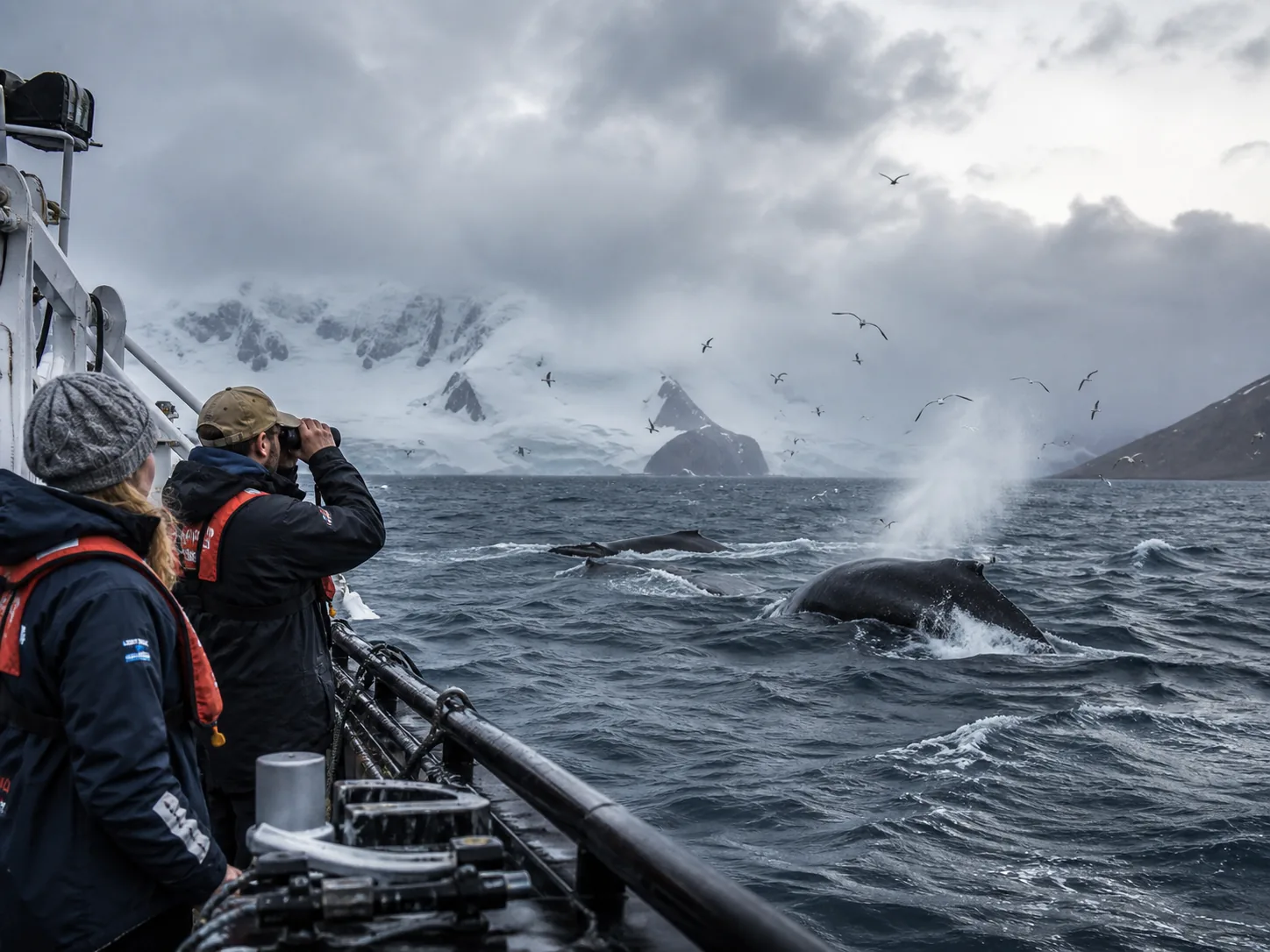 Marine researchers documenting a whale migration with physically grounded water, equipment, weather, and animal movement
