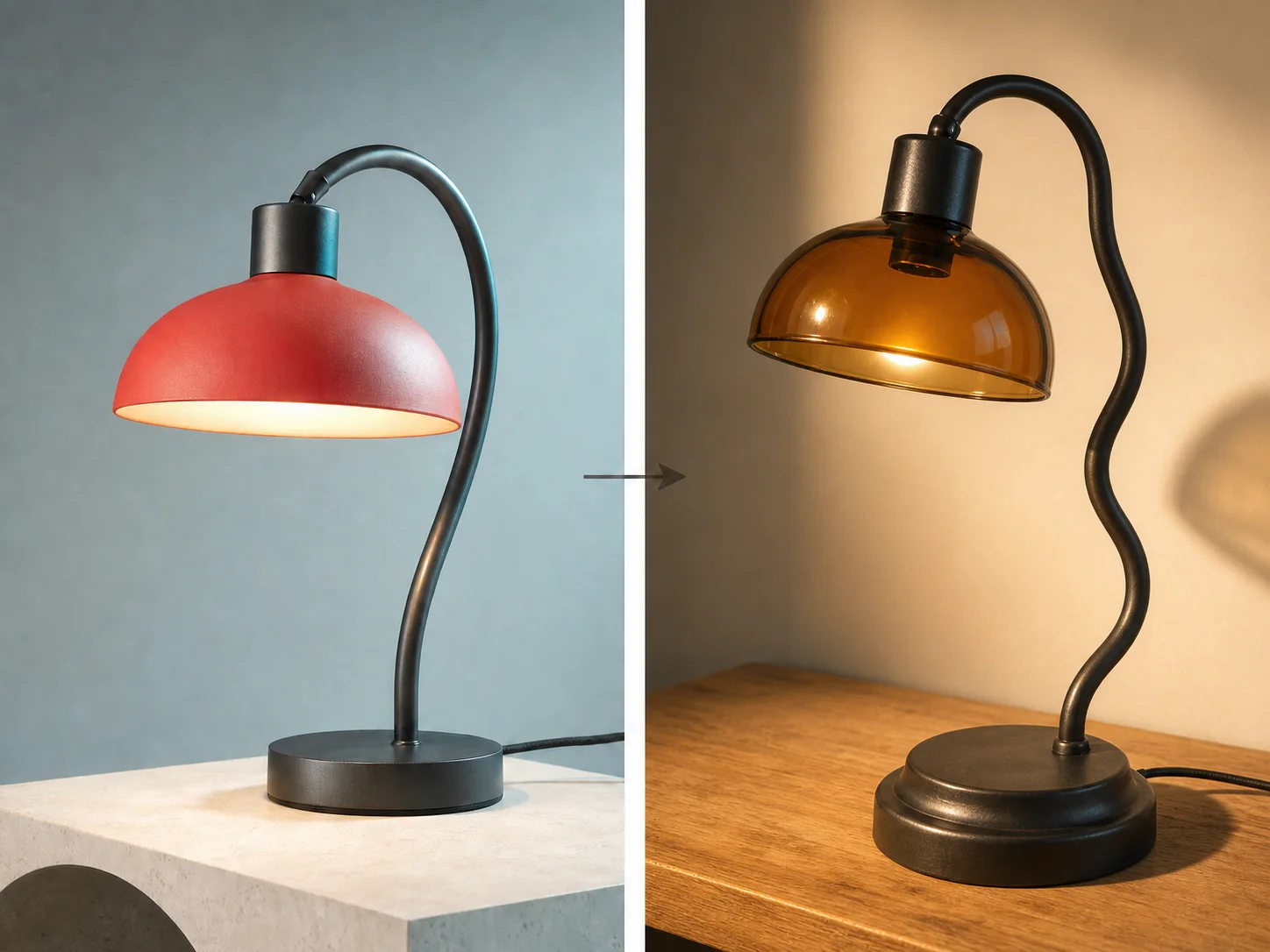 Desk lamp edit with unintended changes to shape, camera, table, and lighting
