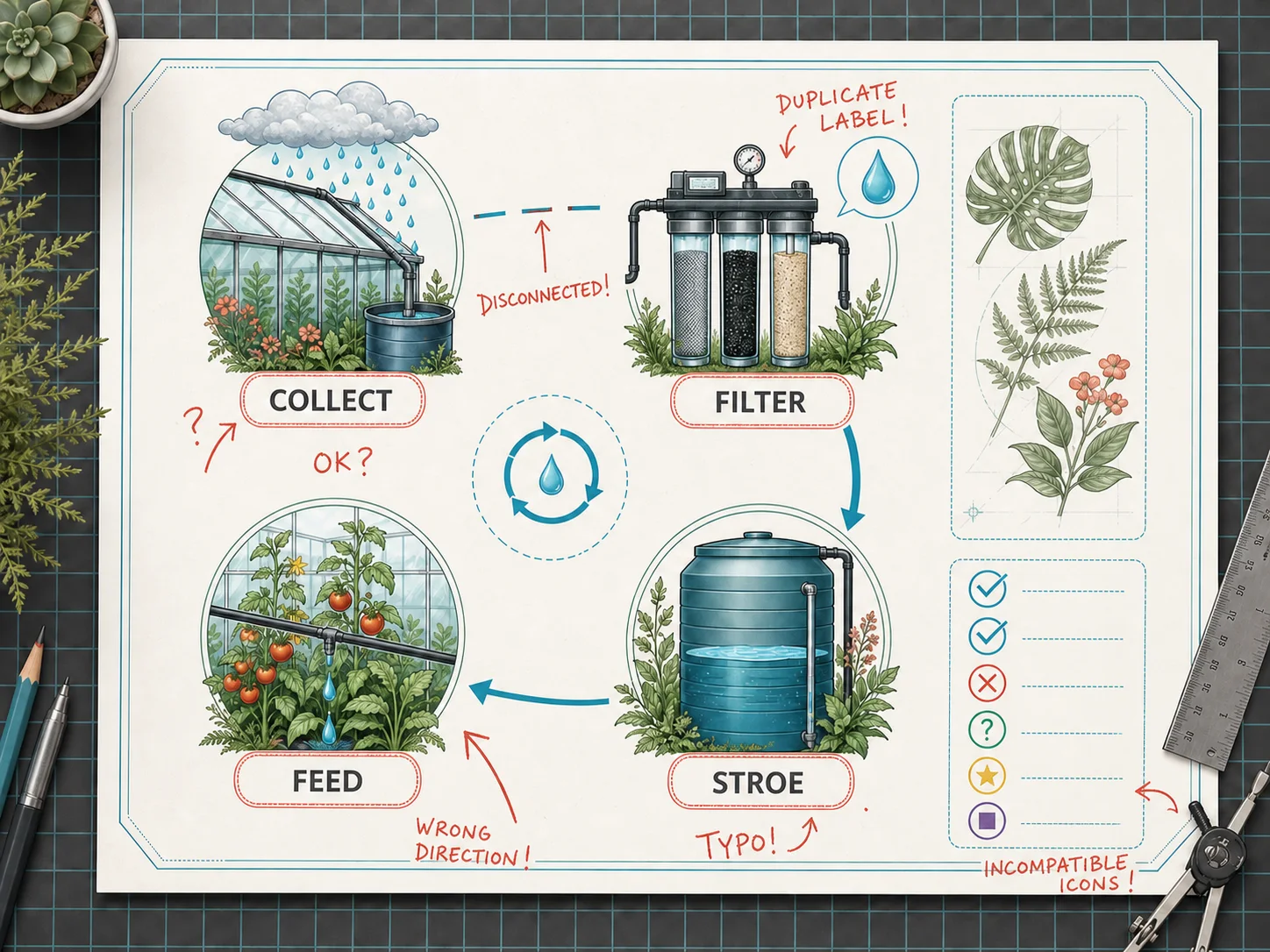 Unchecked greenhouse diagram with duplicate labels, broken arrows, and contradictory icons