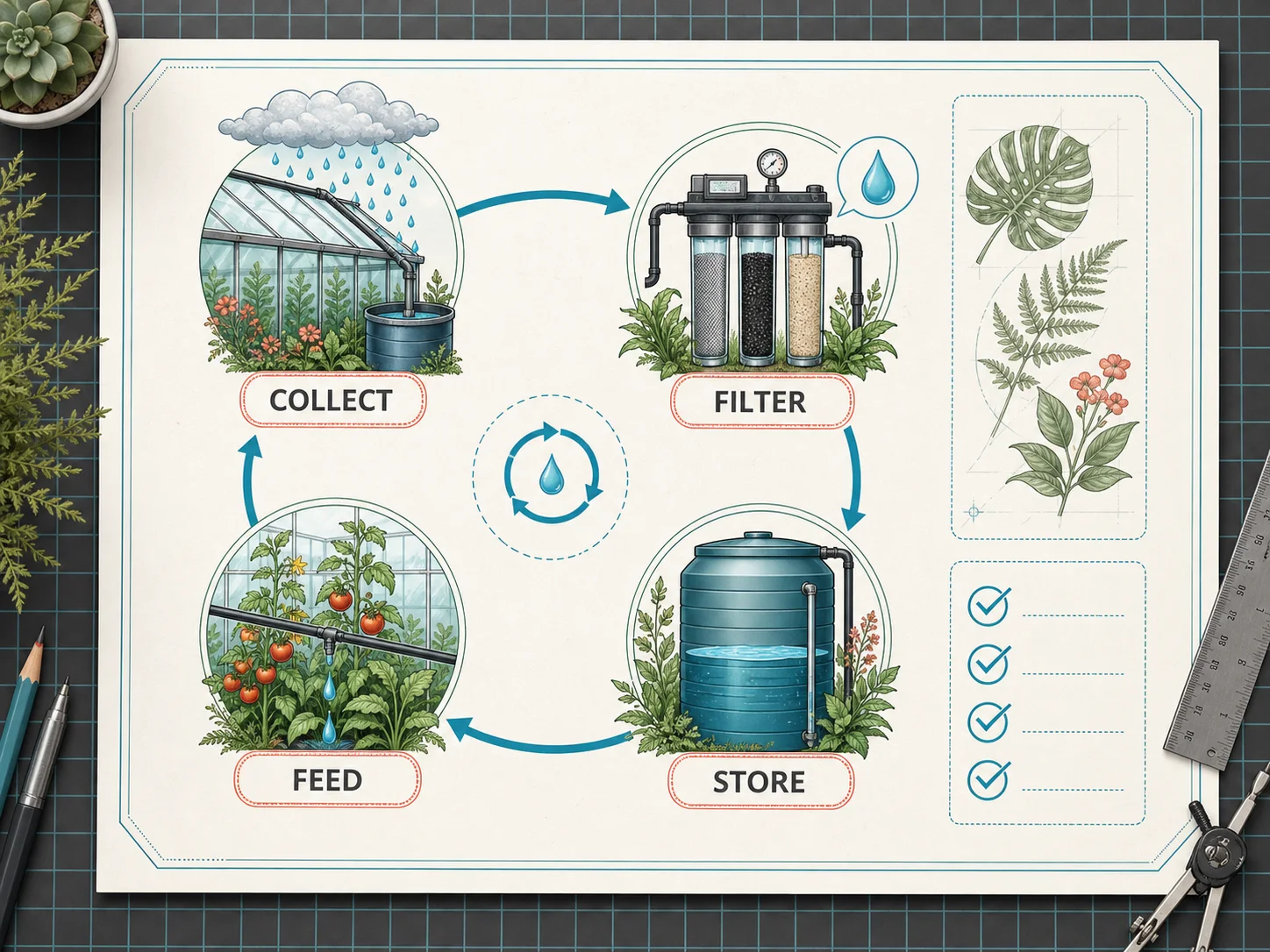 Consistent fictional greenhouse water-cycle diagram with four ordered stages