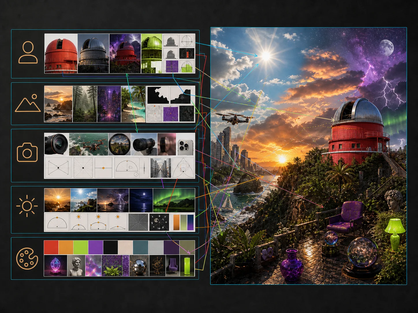 Cluttered observatory brief with crossed cues, conflicting palettes, and competing props