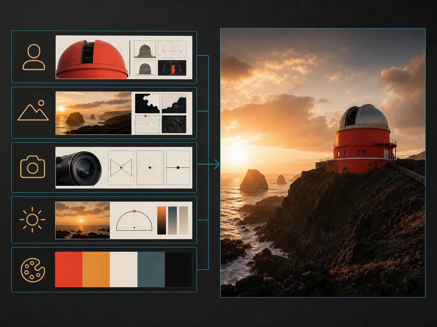 Ordered visual brief producing a coherent coral observatory scene