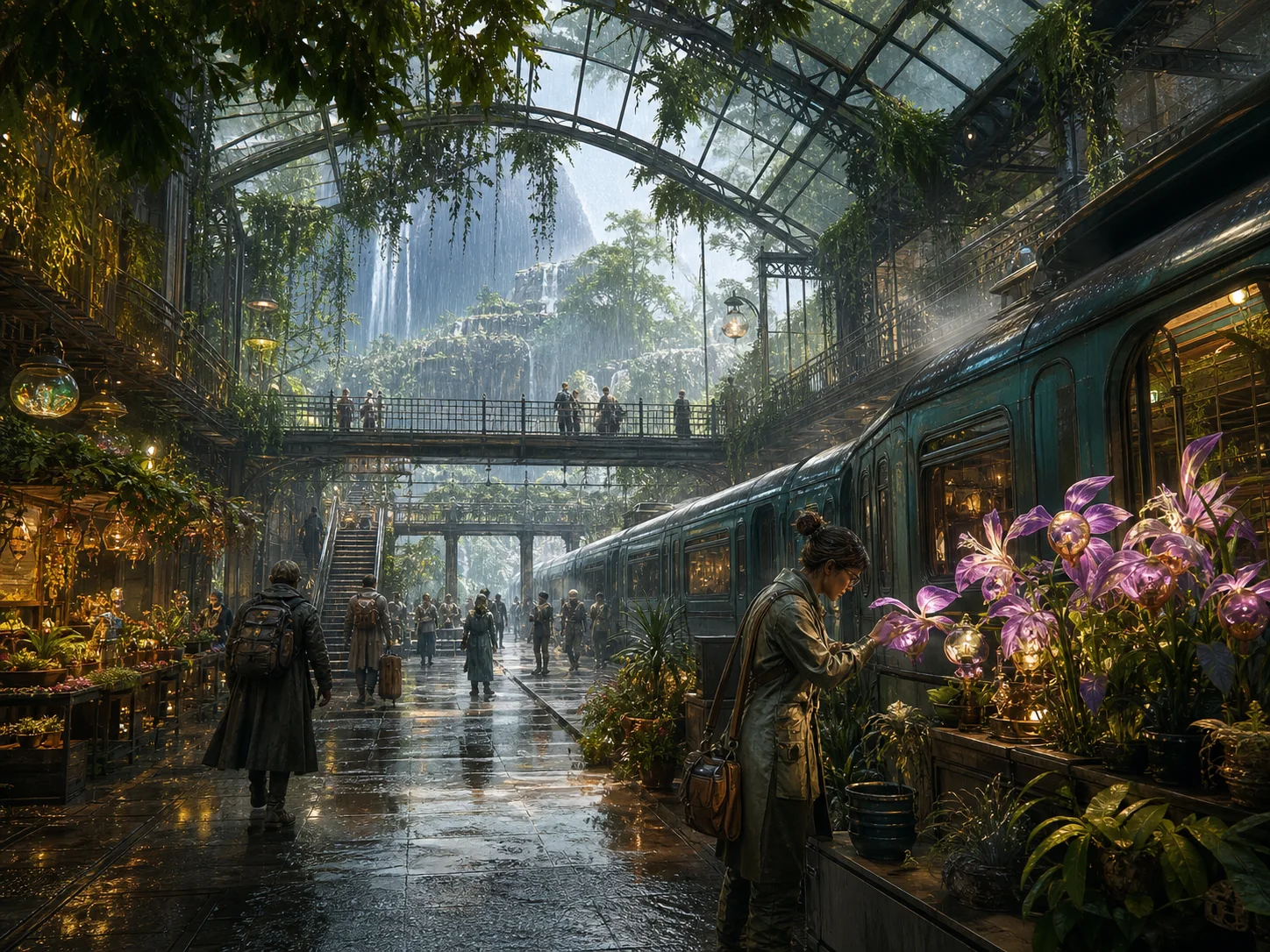 Finished greenhouse railway station with layered bridges, market stalls, travelers, and plants