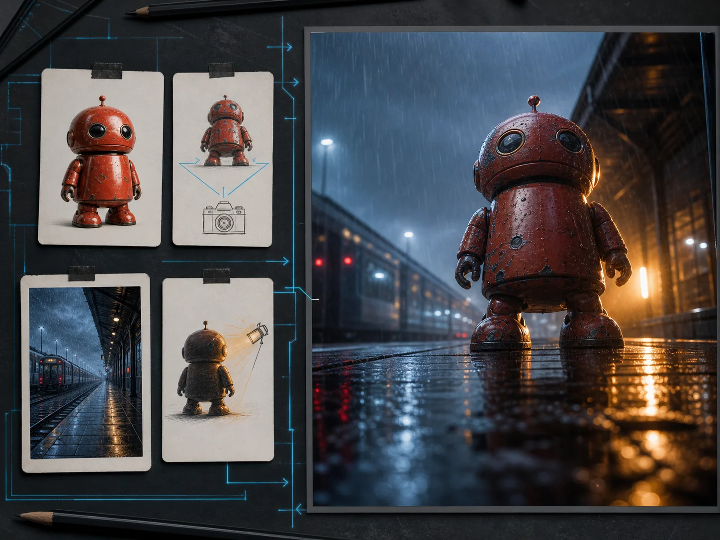 Subject, camera, location, and lighting cues combined into one rainy robot scene