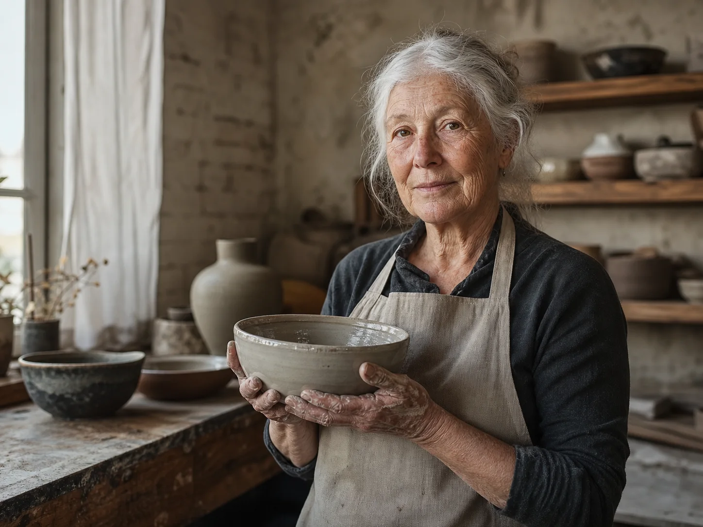 Finished portrait of a ceramic artist with natural skin, linen, glaze, clay, and wood detail