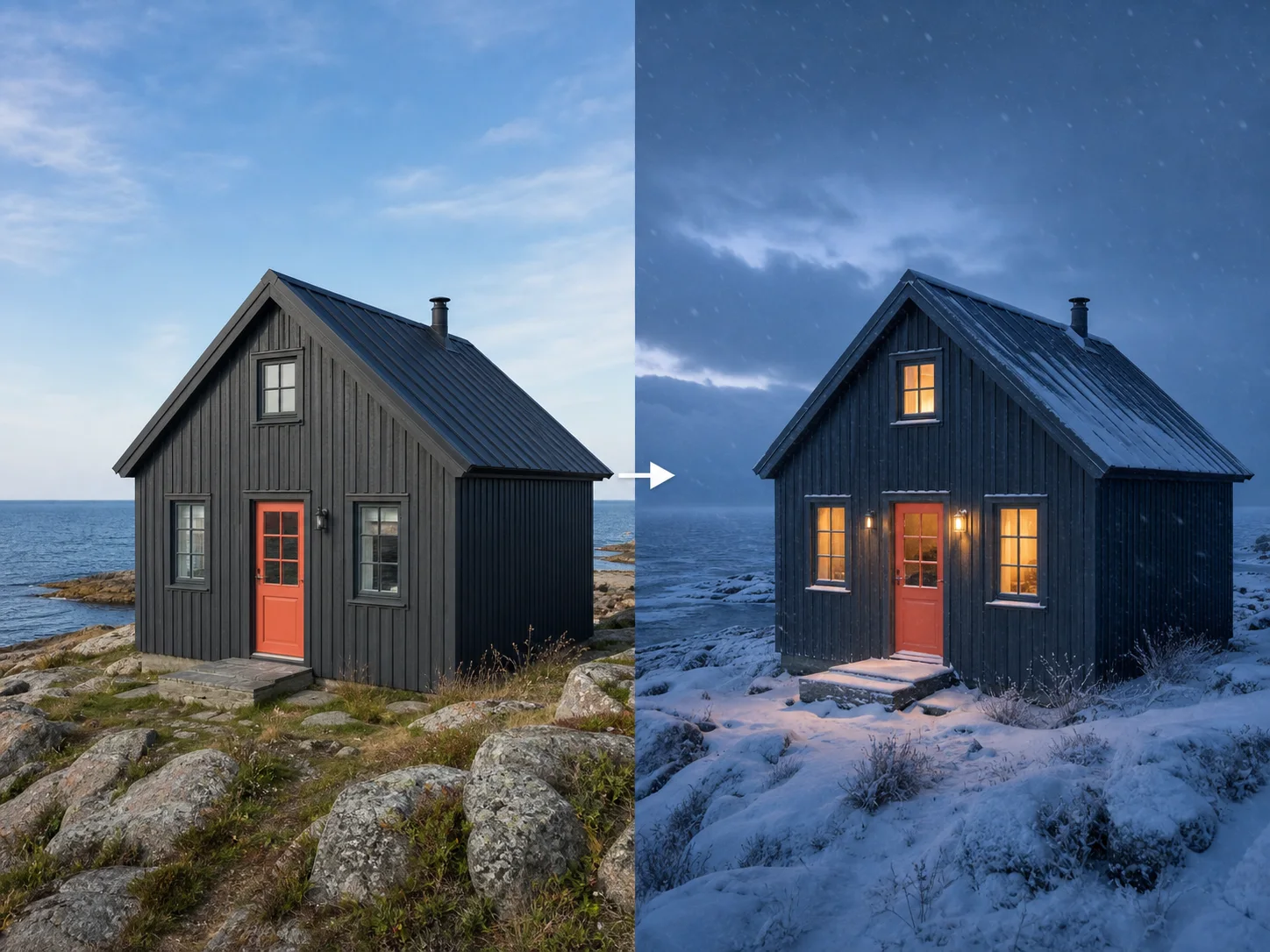 Coastal cabin transformed from clear daylight into a snowy winter evening