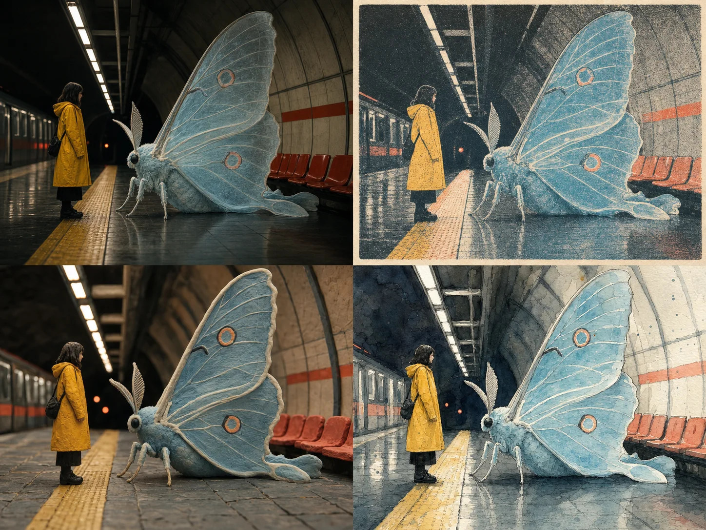 Same woman and giant moth composition explored as photography, print, clay, and watercolor